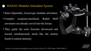 HANAU Modular Articulator System
• Semi-Adjustable, Arcon-type modular articulator.
• Complex computer-machined, Radial Shift
curvatures are already carved into the fossae.
• They guide the casts forward, downward and
inward simultaneously much like the motion
found in natural anatomy.
 