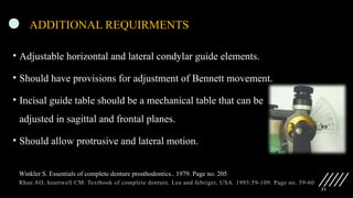 21
ADDITIONAL REQUIRMENTS
• Adjustable horizontal and lateral condylar guide elements.
• Should have provisions for adjustment of Bennett movement.
• Incisal guide table should be a mechanical table that can be
adjusted in sagittal and frontal planes.
• Should allow protrusive and lateral motion.
Rhan AO, heartwell CM. Textbook of complete denture. Lea and febriger, USA. 1993:59-109. Page no. 59-60
Winkler S. Essentials of complete denture prosthodontics.. 1979. Page no. 205
 