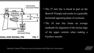 • The 37 mm line is based in part on the
Bonwill Triangle and results in a generally
horizontal appearing plane of occlusion.
• The 54 mm line forms an average
landmark for alignment of the incisal edge
of the upper centrals when making a
Facebow transfer
 