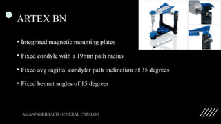 ARTEX BN
• Integrated magnetic mounting plates
• Fixed condyle with a 19mm path radius
• Fixed avg sagittal condylar path inclination of 35 degrees
• Fixed bennet angles of 15 degrees
 
