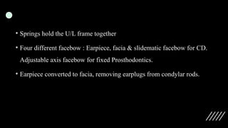 • Springs hold the U/L frame together
• Four different facebow : Earpiece, facia & slidematic facebow for CD.
Adjustable axis facebow for fixed Prosthodontics.
• Earpiece converted to facia, removing earplugs from condylar rods.
 