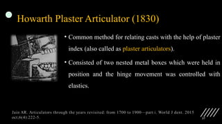 37
Howarth Plaster Articulator (1830)
• Common method for relating casts with the help of plaster
index (also called as plaster articulators).
• Consisted of two nested metal boxes which were held in
position and the hinge movement was controlled with
elastics.
 