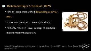44
Richmond Hayes Articulator (1889)
• First to incorporate a fixed descending condylar
path.
• It was more innovative in condylar design.
• Probably reflected Hayes concept of condylar
movement more accurately.
 