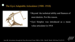 54
The Gysi Adaptable Articulator (1908–1910)
• Beyond the technical ability and finances of
most dentists. For this reason.
• Gysi Simplex was introduced as a mean
value articulator in 1914
 