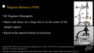 60
Hagman Balancer (1920)
• HC Hagman, Minneapolis
• Opens and closes on a hinge that is in the center of the
upright support.
• Based on the spherical theory of occlusion.
 
