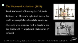 64
The Wadsworth Articulator (1924)
• Frank Wadsworth of Los Angeles, California
• Believed in Monson’s spherical theory but
could not accept bilateral condylar symmetry,
• The casts were mounted with a facebow and
the Wadsworth T attachment. Determines 3rd
ref point
 