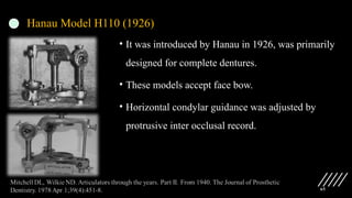 65
Hanau Model H110 (1926)
• It was introduced by Hanau in 1926, was primarily
designed for complete dentures.
• These models accept face bow.
• Horizontal condylar guidance was adjusted by
protrusive inter occlusal record.
 