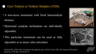 66
Gysi Trubyte or Trubyte Simplex (1926)
• A non-arcon instrument with fixed intercondylar
distance.
• Horizontal condylar inclinations are individually
adjustable.
• This particular instrument can be used as fully
adjustable or as mean value articulator
 