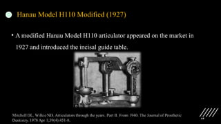 68
Hanau Model H110 Modified (1927)
• A modified Hanau Model H110 articulator appeared on the market in
1927 and introduced the incisal guide table.
 