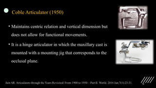 79
Coble Articulator (1950)
• Maintains centric relation and vertical dimension but
does not allow for functional movements.
• It is a hinge articulator in which the maxillary cast is
mounted with a mounting jig that corresponds to the
occlusal plane.
 