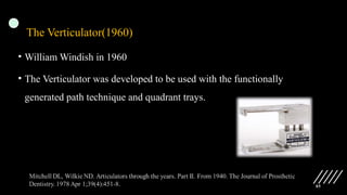 85
The Verticulator(1960)
• William Windish in 1960
• The Verticulator was developed to be used with the functionally
generated path technique and quadrant trays.
 