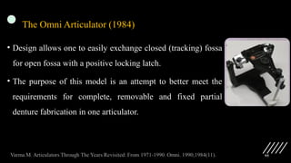 95
The Omni Articulator (1984)
• Design allows one to easily exchange closed (tracking) fossa
for open fossa with a positive locking latch.
• The purpose of this model is an attempt to better meet the
requirements for complete, removable and fixed partial
denture fabrication in one articulator.
 