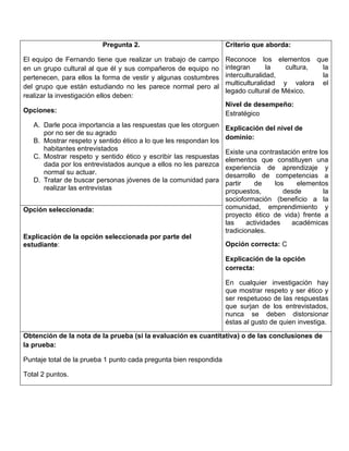 Pregunta 2.
El equipo de Fernando tiene que realizar un trabajo de campo
en un grupo cultural al que él y sus compañeros de equipo no
pertenecen, para ellos la forma de vestir y algunas costumbres
del grupo que están estudiando no les parece normal pero al
realizar la investigación ellos deben:
Opciones:
A. Darle poca importancia a las respuestas que les otorguen
por no ser de su agrado
B. Mostrar respeto y sentido ético a lo que les respondan los
habitantes entrevistados
C. Mostrar respeto y sentido ético y escribir las respuestas
dada por los entrevistados aunque a ellos no les parezca
normal su actuar.
D. Tratar de buscar personas jóvenes de la comunidad para
realizar las entrevistas
Criterio que aborda:
Reconoce los elementos que
integran la cultura, la
interculturalidad, la
multiculturalidad y valora el
legado cultural de México.
Nivel de desempeño:
Estratégico
Explicación del nivel de
dominio:
Existe una contrastación entre los
elementos que constituyen una
experiencia de aprendizaje y
desarrollo de competencias a
partir de los elementos
propuestos, desde la
socioformación (beneficio a la
comunidad, emprendimiento y
proyecto ético de vida) frente a
las actividades académicas
tradicionales.
Opción correcta: C
Explicación de la opción
correcta:
En cualquier investigación hay
que mostrar respeto y ser ético y
ser respetuoso de las respuestas
que surjan de los entrevistados,
nunca se deben distorsionar
éstas al gusto de quien investiga.
Opción seleccionada:
Explicación de la opción seleccionada por parte del
estudiante:
Obtención de la nota de la prueba (si la evaluación es cuantitativa) o de las conclusiones de
la prueba:
Puntaje total de la prueba 1 punto cada pregunta bien respondida
Total 2 puntos.
 
