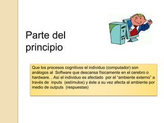 Parte del 
principio 
Que los procesos cognitivos el individuo (computador) son 
análogos al Software que descansa físicamente en el cerebro o 
hardware. . Así el individuo es afectado por el “ambiente externo” a 
través de inputs (estímulos) y éste a su vez afecta al ambiente por 
medio de outputs (respuestas) 
 