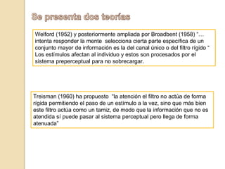 Welford (1952) y posteriormente ampliada por Broadbent (1958) “… 
intenta responder la mente selecciona cierta parte específica de un 
conjunto mayor de información es la del canal único o del filtro rígido “ 
Los estímulos afectan al individuo y estos son procesados por el 
sistema preperceptual para no sobrecargar. 
Treisman (1960) ha propuesto “la atención el filtro no actúa de forma 
rígida permitiendo el paso de un estímulo a la vez, sino que más bien 
este filtro actúa como un tamiz, de modo que la información que no es 
atendida sí puede pasar al sistema perceptual pero llega de forma 
atenuada” 
 