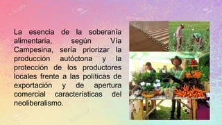 La esencia de la soberanía
alimentaria, según Vía
Campesina, sería priorizar la
producción autóctona y la
protección de los productores
locales frente a las políticas de
exportación y de apertura
comercial características del
neoliberalismo.
 