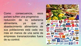 Como consecuencia, esos
países sufren una progresiva
reducción de su soberanía
alimentaria, ya que el
abastecimiento alimentario de
sus poblaciones está cada vez
más en manos de una serie de
empresas transnacionales fuera
de su control.
 
