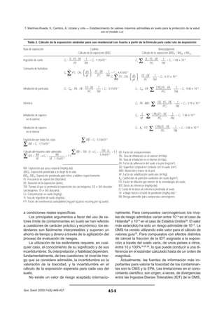 a condiciones reales específicas.
Los principales argumentos a favor del uso de va-
lores límite de contaminantes en suelo se han referido
a cuestiones de carácter práctico y económico: los es-
tándares son fácilmente interpretables y suponen un
ahorro de tiempo y dinero a través de la agilización del
proceso de evaluación de riesgos.
La utilización de los estándares requiere, en cual-
quier caso, el conocimiento de su significado y de sus
incertidumbres. Su interpretación y fiabilidad dependen,
fundamentalmente, de tres cuestiones: el nivel de ries-
go que se considere admisible, la incertidumbre en la
valoración de la toxicidad, y la incertidumbre en el
cálculo de la exposición esperada para cada uso del
suelo.
No existe un valor de riesgo aceptado internacio-
nalmente. Para compuestos carcinogénicos los nive-
les de riesgo admitidos varían entre 10–4
en el caso de
Holanda20
y 10–6
en el caso de Estados Unidos26
. El valor
más extendido ha sido un riesgo admisible de 10–5
. La
OMS ha venido utilizando este valor para el cálculo de
valores guía10
. Para compuestos con efectos distintos
de cáncer la fracción de la IDT asignada a la exposi-
ción a través del suelo varía, de unos países a otros,
entre 10 y 100%19,20,26
, lo que puede conducir a una di-
ferencia en el estándar calculado hasta de un orden de
magnitud.
Actualmente, las fuentes de información más im-
portantes para valorar la toxicidad de los contaminan-
tes son la OMS y la EPA. Las limitaciones en el cono-
cimiento científico, son origen, a veces, de divergencias
entre las Ingestas Diarias Tolerables (IDT) de la OMS,
454
T. Martínez-Rueda, K. Cambra, A. Urzelai y cols.— Establecimiento de valores máximos admisibles en suelo para la protección de la salud
con el modelo Lur
Gac Sanit 2000;14(6):449-457
Tabla 2. Cálculo de la exposición estándar para uso residencial con huerta a partir de la fórmula para cada ruta de exposición
Ruta de exposición Cadmio Benzo(a)pireno
Cálculo de la exposición (IDE) Cálculo de la exposición (IDE)p = IDEpn + IDEpa
Ingestión de suelo Cs · · = Cs · 1.33x10–5
Cs · = Cs · 1.84 × 10–6
Consumo de hortalizas
Cs FTi · CHi ·
( )i
· · = Cs · 4.47x10–5
Cs FTi · CHi ·
( )i
· · = Cs · 6.37 × 10–6
Inhalación de partículas Cs · Cpa · TRe · ER · · = Cs · 3.47x10–7
Cs · Cpa · ER · · = Cs · 9.06 × 10–8
Dérmica Cs · FA · ABS · · = Cs · 3.19 × 10–6
Inhalación de vapores Cs · · · = Cs · 1.46 × 10–9
en el exterior
Inhalación de vapores Cs · Kg · FD · · = Cs · 3.08 × 10–10
en el interior
Exposición por todas las rutas
ΣIDE = Cs · 5.18x10–5
ΣIDE = Cs · 1.15x10–5
Cálculo del máximo valor admisible
ΣIDE = TDI · Q →Cs = = 5.1
ΣIDE = →Cs = = 1.7
IDE: Exposición por peso corporal (mg/kg-día).
(IDE)p: Exposición ponderada a lo largo de la vida.
IDEpn, IDEpa: Exposición ponderada para niños y adultos respectivamente.
FE: Frecuencia de exposición (días/año).
DE: Duración de la exposición (años).
TM: Tiempo al que se promedia la exposición (no carcinógenos, ED × 365 días/año;
carcinógenos, 70 × 365 días/año).
Cs: Concentración en suelo (mg/kg).
TI: Tasa de ingestión de suelo (mg/día).
FTi: Factor de transferencia suelo/planta (mg por kg peso seco/mg por kg suelo).
RA
SF · 1.15x10–5
RA
SF
TDI · Q
5.18x10–5
1
TMi
(TRi)iFEi · DEi
PCi
Σ
1
TMi
(TRe)iFEi · DEi
PCi
Σ1
VF
1
TMi
SDi · FEi · DEi
PCi
Σ
1
TMi
(TRe)iFEi · DEi
PCi
Σ1
TM
FE · DE
PC
1
TM
FE · DE
PC
ps
pf
14
Σi = 1
1
TM
FE · DE
PC
ps
pf
14
Σi = 1
1
TM
TIi · FEi · DEi
PCi
Σ1
TM
TI · FE · DE
PC
ER: Factor de enriquecimiento.
TRe: Tasa de inhalación en el exterior (m3
/día).
TRi: Tasa de inhalación en el interior (m3
/día).
FA: Factor de adherencia del suelo a la piel (mg/cm2
).
SD: Superficie corporal en contacto con el suelo (cm2
).
ABS: Absorción a través de la piel.
VF: Factor de volatilización suelo-aire (m3
/kg).
Kg: Coeficiente de partición suelo/aire del suelo (kg/m3
).
FD: Factor de dilución gas interior de la vivienda/gas del suelo.
IDT: Dosis de referencia (mg/kg-día).
Q: Cuota de la dosis de referencia destinada al suelo.
SF: «Slope factor» o factor de pendiente (mg/kg-día)–1
.
RA: Riesgo admisible para compuestos cancerígenos.
 