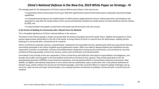 19
The strategic goals for the development of China’s national defense and military in the new era are:
• to generally achieve mechanization by the year 2020 with significantly enhanced informationization and greatly improved strategic
capabilities;
• to comprehensively advance the modernization of military theory, organizational structure, military personnel, and weaponry and
equipment in step with the modernization of the country and basically complete the modernization of national defense and the military
by 2035; and
• to fully transform the people’s armed forces into world-class forces by the mid-21st century.
In the Service of Building of a Community with a Shared Future for Mankind
This is the global significance of China’s national defense in the new era.
The dream of the Chinese people is closely connected with the dreams of peoples around the world. Peace, stability and prosperity in China
present opportunities and benefits to the rest of the world. A strong military of China is a staunch force for world peace, stability and the
building of a community with a shared future for mankind.
China’s armed forces advocate common, comprehensive, cooperative and sustainable security, uphold justice while pursuing shared interests,
and actively participate in the reform of global security governance system. Efforts are made to deepen bilateral and multilateral security
cooperation, promote a coordinated, inclusive and complementary cooperation among security mechanisms, and contribute to a security
architecture featuring equality, mutual trust, fairness, justice, joint contribution and shared benefits.
Committed to the principle of win-win cooperation, China’s armed forces will fulfill their international responsibilities and obligations, and
provide more public security goods to the international community to the best of their capacity. They actively participate in the UN
peacekeeping operations (UNPKOs), vessel protection operations, and international efforts in humanitarian assistance and disaster relief
(HADR), strengthen international cooperation in arms control and non-proliferation, play a constructive role in the political settlement of
hotspot issues, jointly maintain the security of international passages, and make concerted efforts to respond to global challenges such as
terrorism, cyber security and major natural disasters, thus making a positive contribution to building a community with a shared future for
mankind.
Source: China’s National Defense in a New Era, July 2019, http://www.xinhuanet.com/english/download/whitepaperonnationaldefenseinnewera.doc
China’s National Defense in the New Era, 2019 White Paper on Strategy - IV
 