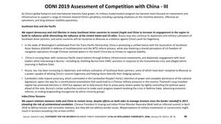 ODNI 2019 Assessment of Competition with China - III
Source: Daniel R.Coats, STATEMENT FOR THE RECORDWORLDWIDE THREAT ASSESSMENT of the US INTELLIGENCE COMMUNITY, ODNI, January 29, 2019 p. 28, 35
As China’s global footprint and international interests have grown, its military modernization program has become more focused on investments and
infrastructure to support a range of missions beyond China’s periphery, including a growing emphasis on the maritime domains, offensive air
operations, and long-distance mobility operations.
Southeast Asia and the Pacific
We expect democracy and civil liberties in many Southeast Asian countries to remain fragile and China to increase its engagement in the region to
build its influence while diminishing the influence of the United States and US allies. Russia may also continue its diplomatic and military cultivation of
Southeast Asian partners, and some countries will be receptive to Moscow as a balance against China’s push for hegemony.
• In the wake of Washington’s withdrawal from the Trans-Pacific Partnership, China is promoting a unified stance with the Association of Southeast
Asian Nations (ASEAN) in defense of multilateralism and the WTO reform process, while also fostering a shared perception of US freedom of
navigation operations through Chinese-claimed waters in the South China Sea as threats to regional stability.
• China is currying favor with numerous Pacific Island nations through bribery, infrastructure investments, and diplomatic engagement with local
leaders while intervening in Burma—including by shielding Burma from UNSC sanctions in response to the humanitarian crisis and alleged ethnic
cleansing in Rakhine State.
• Russia, too, has been increasing its diplomatic and military cultivation of Southeast Asian partners, some of which have been receptive to Moscow as
a power capable of diluting China’s nascent hegemony and helping them diversify their hedging options.
• Cambodia’s slide toward autocracy, which culminated in the Cambodian People’s Party’s retention of power and complete dominance of the national
legislature, opens the way for a constitutional amendment that could lead to a Chinese military presence in the country. Thailand’s coup-installed
regime has promised elections in 2019 but appears set to help ensure that its proxy party retains power by tightly controlling the political space
ahead of the vote. Burma’s civilian authorities continue to make scant progress toward resolving the crisis in Rakhine State, advancing economic
reforms, or ending longstanding insurgencies by ethnic minority groups.
India-China Tensions
We expect relations between India and China to remain tense, despite efforts on both sides to manage tensions since the border standoff in 2017,
elevating the risk of unintentional escalation. Chinese President Xi Jinping and Indian Prime Minister Narendra Modi held an informal summit in April
2018 to defuse tension and normalize relations, but they did not address border issues. Misperceptions of military movements or construction might
result in tensions escalating into armed conflict.
38
 