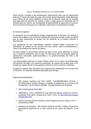 Figura 2: Fotografía tomada el día 17 de Julio del 2009.

Estos hechos, sumados a las temperaturas relativamente altas que se experimenta
entre las 12 horas del medio día y las 3 de la tarde aproximadamente, están afectando
a los cultivos de las zonas aledañas al cauce del rio Shulcas, dado que se necesita
más agua para los terrenos con acceso a riego, y estas aguas son desviadas del río
Shulcas para los cultivos, por consiguiente la disponibilidad de agua para el consumo
de la provincia de Huancayo se ve afectada, sobre todo en temporadas de estiaje.



A manera de agenda:

Es necesario que las autoridades locales, especialmente la dirección de industria y
turismo de la región Junín tomen las medidas del caso para corregir y evitar los daños
que se está ocasionando al nevado con las prácticas de un turismo intensivo y
desordenado.

Los pobladores de las comunidades aledañas también deben involucrarse en
actividades de cuidado de los recursos con que cuenta, evitar el sobrepastoreo y
volver a las prácticas de rotación de pastos.

Se debe realizar la denominada siembra de agua en los cerros aledaños al nevado
con la asesoría profesional para el caso. En esta tarea debe involucrarse todas las
instituciones comunales, gubernamentales y no gubernamentales del Valle y del
Departamento.

Las denominadas agencias de turismo deben contar con el apoyo de profesionales
conocedores del lugar y con personal capacitado, de manera que puedan guiar a los
turistas por lugares donde no hay peligros y hacerlo en forma racional y ordenada.

El gobierno regional debe intensificar los programas de reforestación en la cuenca del
río Shulcas, con especies forestales adecuadas para el lugar.



Referencias bibliográficas:

   1. IGP Instituto Geofísico del Perú (2005): “VULNERABILIDAD ACTUAL Y
      FUTURA-ante el cambio climático y medidas de adaptación en la Cuenca del
      Río Mantaro” Vol. III. Edición CONAM - Consejo Nacional del Ambiente.

   2. http://minam.gob.pe/index.php?

   3. SANCHEZ C. Víctor y RIVERO M. Juan (2007) El Cambio climático en el Perú.
      Asociación Civil Labor / Amigos de la Tierra – Perú. En http://www.foei.org/esp/
      climate/index.html

   4. Diario La primera Informe especial: Cuenta regresiva para los andes. Lima 17
      de Noviembre 2009.

   5. Ministerio del ambiente - IGP Instituto Geofísico del Perú (2009). Procesos de
      geodinámica superficial en la zona central de la cuenca del Mantaro. Lima
      Perú.
 