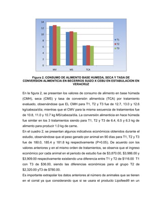 Figura 2. CONSUMO DE ALIMENTO BASE HUMEDA, SECA Y TASA DE
CONVERSION ALIMENTICIA EN BECERROS SUIZO X CEBU EN ESTABULACION EN
VERACRUZ
En la figura 2, se presentan los valores de consumo de alimento en base húmeda
(CMH), seca (CMS) y tasa de conversión alimenticia (TCA) por tratamiento
evaluado, observándose que EL CMH para T1, T2 y T3 fue de 12.7, 13.0 y 12.6
kg/cabeza/día; mientras que el CMV para la misma secuencia de tratamientos fue
de 10.8, 11.0 y 10.7 kg MS/cabeza/día. La conversión alimenticia en hace húmeda
fue similar en los 3 tratamientos siendo para T1, T2 y T3 de 6.4, 6.5 y 6.3 kg de
alimento para producir 1.0 kg de carne.
En el cuadro 2, se presentan algunos indicativos económicos obtenidos durante el
estudio, observándose que el peso ganado por animal en 90 días para T1, T2 y T3
fue de 180.0, 185.4 y 181.8 kg respectivamente (P>0.05). De acuerdo con los
valores anteriores y en el mismo orden de tratamientos, se observa que el ingreso
económico por cada animal en el periodo de estudio fue de $3,870.00, $3,986.00 y
$3,909.00 respectivamente existiendo una diferencia entre T1 y T2 de $116.00 T1
con T3 de $36.00, siendo las diferencias económicas para el grupo T2 de
$2,320.00 yT3 de $780.00.
Es importante extrapolar los datos anteriores al número de animales que se tienen
en el corral ya que considerando que si se usara el producto Lipofeed® en un
0
2
4
6
8
10
12
14
MV MS TCA
T1
T2
T3
 