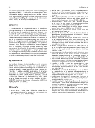 28	 C. Fillat et al
con una recuperación de las funciones asociadas a los genes
regulados por Mecp2. La estrategia de terapia génica desa-
rrollada en el presente trabajo nos permite señalar a MeCP2
como una proteína importante en los procesos de memoria
y aprendizaje en el SD y abre nuevas vías de intervención
para la mejora de la discapacidad intelectual.
Conclusión
La calidad de vida de las personas con SD ha aumentado
espectacularmente en los últimos años, gracias al esfuerzo
de profesionales de muy diversos ámbitos y al apoyo e im-
plicación de las familias. Sin embargo, la discapacidad inte-
lectual continúa siendo una de las principales limitaciones,
y por ello avanzar en la mejora de los aspectos cognitivos es
uno de los principales retos para conseguir una integración
óptima de estas personas en la sociedad. En este sentido, la
identificación de genes clave (que codifican para proteínas
o miRNA), cuya desregulación tiene un impacto negativo
sobre la cognición, constituye un paso importante para
avanzar en la identificación de potenciales terapias. En este
contexto, nuestro trabajo propone la terapia génica como
una estrategia de investigación que permite valorar la rele-
vancia de modular dianas moleculares concretas para mejo-
rar determinados aspectos de la capacidad intelectual.
Agradecimientos
A la Fundació Catalana Síndrome de Down, por la concesión
del XIII Premio Ramon Trias Fargas a este trabajo. La finan-
ciación del trabajo ha sido posible gracias a las ayudas de la
Fundación Jérôme Lejeune; Instituto de Salud Carlos III: FIS
PI041559, PI 082038, CIBERER, IIS10/00014; CP10/00548;
Generalitat de Catalunya: SGR091527, SGR091313; EU FP6-
2005-LIFESCIHEALTH-6 ANEUPLOIDY no. 037627 y CureFXS
ERare-EU/FIS PS09102673; y PEII10-0095-8727 de la Conse-
jería de Educación Ciencia y Cultura (JCCM), BFU2011-
26339/BFI Ministerio de Ciencia e Innovación (MICINN) y
INCRECyT (JCCM and PCYTA).
Bibliografía
1.	 Xu Y, Li W, Liu X, Chen H, Tan K, Chen Y, et al. Identification of
dysregulated microRNAs in lymphocytes from children with
Down syndrome. Gene. 2013;10:278-86.
2.	 Aiuti A, Biasco L, Scaramuzza S, Ferrua F, Cicalese MP, Baricor-
di C, et al. Lentiviral hematopoietic stem cell gene therapy in
patients with Wiskott-Aldrich syndrome. Science. 2013;341:
1233151.
3.	 Biffi A, Montini E, Lorioli L, Cesani M, Fumagalli F, Plati T, et al.
Lentiviral hematopoietic stem cell gene therapy benefits me-
tachromatic leukodystrophy. Science. 2013;341:1233158.
4.	 Hacein-Bey-Abina S, Hauer J, Lim A, Lim A, Picard C, Wang GP,
et al. Efficacy of gene therapy for X-linked severe combined
immunodeficiency. N Engl J Med. 2010;363:355-64.
5.	 Buning H. Gene therapy enters the pharma market: the short
story of a long journey. EMBO Mol Med. 2013;5:1-3.
6.	Dierssen M. Down syndrome: the brain in trisomic mode. Nat
Rev Neurosci. 2012;13:844-58.
7.	 Seregaza Z, Roubertoux PL, Jamon M, Soumireu-Mourat B.
Mouse models of cognitive disorders in trisomy 21: a review.
Behav Genet. 2006;36:387-404.
8.	 Altafaj X, Dierssen M, Baamonde C, Marti E, Visa J, Guimera J,
et al. Neurodevelopmental delay, motor abnormalities and
cognitive deficits in transgenic mice overexpressing Dyrk1A
(minibrain), a murine model of Down's syndrome. Hum Mol Ge-
net. 2001;10:1915-23.
9.	 Marti E, Altafaj X, Dierssen M, de la Luna S, Fotaki V, Alvarez M,
et al. Dyrk1A expression pattern supports specific roles of this
kinase in the adult central nervous system. Brain Res.
2003;964:250-63.
10. Martinez de Lagran M, Benavides-Piccione R, Ballesteros-Yanez
I, Calvo M, Morales M, et al. Dyrk1A influences neuronal mor-
phogenesis through regulation of cytoskeletal dynamics in
mammalian cortical neurons. Cereb Cortex. 2012;22:2867-77.
11. Pons-Espinal M, Martinez de Lagran M, Dierssen M. Environmen-
tal enrichment rescues DYRK1A activity and hippocampal adult
neurogenesis in TgDyrk1A. Neurobiol Dis. 2013;60C:18-31.
12. Siddiqui A, Lacroix T, Stasko MR, Scott-McKean JJ,  Costa
AC, Gardiner KJ. Molecular responses of the Ts65Dn and Ts1Cje
mouse models of Down syndrome to MK-801. Genes Brain Be-
hav. 2008;7:810-20.
13. Keck-Wherley J, Grover D, Bhattacharyya S, Xu X,  Holman
D,  Lombardini ED, et al. Abnormal microRNA expression in
Ts65Dn hippocampus and whole blood: contributions to Down
syndrome phenotypes. Dev Neurosci. 2011;33:451-67.
14. Na ES, Nelson ED, Kavalali ET, Monteggia LM. The impact of
MeCP2 loss- or gain-of-function on synaptic plasticity. Neurop-
sychopharmacology. 2013;38:212-9.
15. Ward BC, Kolodny NH, Nag N, Berger-Sweeney JE. Neurochemi-
cal changes in a mouse model of Rett syndrome: changes over
time and in response to perinatal choline nutritional supple-
mentation. J Neurochem. 2009;108:361-71.
16. Velazquez R, Ash JA, Powers BE, Ginsberg SD, Strupp BJ, Mufson
EJ. Maternal choline supplementation improves spatial lear-
ning and adult hippocampal neurogenesis in the Ts65Dn mouse
model of Down syndrome. Neurobiol Dis. 2013;58:92-101.
02_Original_2_cast (21-28).indd 28 25/07/14 14:39
Documento descargado de http://down.elsevier.es el 08/03/2016. Copia para uso personal, se prohíbe la transmisión de este documento por cualquier medio o formato.
 