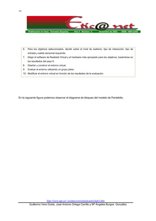 Publicación en línea. Granada (España). Año II Número 2. Diciembre de 2003. ISSN: 1695-324X
http://www.ugr.es/~sevimeco/revistaeticanet/index.htm
Guillermo Vera Ocete, José Antonio Ortega Carrillo y Mª Ángeles Burgos González
14
6. Para los objetivos seleccionados, decidir sobre el nivel de realismo, tipo de interacción, tipo de
entrada y salida sensorial requerida.
7. Elegir el software de Realidad Virtual y el hardware más apropiado para los objetivos, basándose en
los resultados del paso 6.
8. Diseñar y construir el entorno virtual.
9. Evaluar el entorno utilizando un grupo piloto.
10. Modificar el entorno virtual en función de los resultados de la evaluación.
En la siguiente figura podemos observar el diagrama de bloques del modelo de Pantelidis.
 