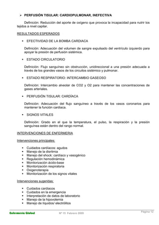 Enfermería Global Nº 15 Febrero 2009
Página 12
PERFUSIÓN TISULAR: CARDIOPULMONAR, INEFECTIVA
Definición: Reducción del aporte de oxígeno que provoca la incapacidad para nutrir los
tejidos a nivel capilar.
RESULTADOS ESPERADOS
EFECTIVIDAD DE LA BOMBA CARDIACA
Definición: Adecuación del volumen de sangre expulsado del ventrículo izquierdo para
apoyar la presión de perfusión sistémica.
ESTADO CIRCULATORIO
Definición: Flujo sanguíneo sin obstrucción, unidireccional a una presión adecuada a
través de los grandes vasos de los circuitos sistémico y pulmonar.
ESTADO RESPIRATORIO: INTERCAMBIO GASEOSO
Definición: Intercambio alveolar de CO2 y O2 para mantener las concentraciones de
gases arteriales.
PERFUSIÓN TISULAR: CARDÍACA
Definición: Adecuación del flujo sanguíneo a través de los vasos coronarios para
mantener la función cardiaca.
SIGNOS VITALES
Definición: Grado en el que la temperatura, el pulso, la respiración y la presión
sanguínea están dentro del rango normal.
INTERVENCIONES DE ENFERMERIA
Intervenciones principales:
Cuidados cardíacos: agudos
Manejo de la disritmia
Manejo del shock: cardíaco y vasogénico
Regulación hemodinámica
Monitorización ácido-base
Monitorización respiratoria
Oxigenoterapia
Monitorización de los signos vitales
Intervenciones sugeridas:
Cuidados cardiacos
Cuidados en la emergencia
Interpretación de datos de laboratorio
Manejo de la hipovolemia
Manejo de líquidos/ electrólitos
 