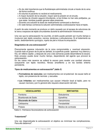 Enfermería Global Nº 15 Febrero 2009
Página 7
• Es de vital importancia que la fluidoterapia administrada circule a través de la vena
de forma continua.
• Al ocluirse el paciente no recibirá el medicamento.
• A mayor duración de la oclusión, mayor será la presión en el circuito.
• La bomba de infusión seguirá infundiendo, si los límites no han sido prefijados, ya
que estas bombas pueden generar altas presiones.
• Durante una oclusión la dosis de medicamento comenzará a disminuir.
• En este tiempo comienza la solución administrada a extravasarse hacia el tejido.
A partir de este momento se produce un daño causado por el escape de soluciones de
la vena a espacios de tejido circundantes durante la administración intravenosa.
Una vez que la extravasación ha ocurrido, el daño puede persistir por mucho tiempo e
involucrar piel, tejido conectivo, nervios, tendones y articulaciones. Si el tratamiento es
tardío, desbridamiento quirúrgico, injerto de piel e incluso la amputación.
Diagnóstico de una extravasación6
Precozmente aparece induración de la zona comprometida y eventual ulceración.
Cuando todo el grosor de la piel es dañado, la superficie puede aparecer muy blanca y
fría, sin relleno capilar, y después de una o dos semanas puede desarrollarse la escara.
Este proceso puede durar mucho tiempo, dependiendo del agente que provocó la
extravasación.
En los casos más severos se soltará la escara para revelar una cavidad ulcerosa
subyacente con tejido necrótico, fibroso amarillento y en los bordes eritema
persistente.
Tipos de medicamentos en extravasación6
(tabla 5)
• Formadores de vesículas: son medicamentos con el potencial de causar daño al
tejido, con presencia de necrosis y secuelas.
• Los irritantes son medicamentos que causan irritación local al tejido, pero no
causan necrosis y por lo general sólo requiere observación del sitio.
VESICULANTES IRRITANTES
Fenitoina Dobutamina
Bicarbonato de Sodio Epinefrina
Gluconato de Calcio Vancomicina
Cefotaxima Fenobarbital
Potasio Medios de contraste
Tabla 5.- Fármacos favorecedores de extravasación
Tratamiento6
Una vez diagnosticada la extravasación el objetivo es minimizar las complicaciones.
Para ello debemos6
:
 