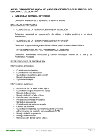 Enfermería Global Nº 15 Febrero 2009
Página 9
ANEXO: DIAGNÓSTICOS NANDA, NIC y NOC RELACIONADOS CON EL MANEJO DEL
GLUCONATO CÁLCICO 10%2
INTEGRIDAD CUTÁNEA, DETERIORO
Definición: Alteración de la epidermis, la dermis o ambas.
RESULTADOS ESPERADOS
CURACIÓN DE LA HERIDA: POR PRIMERA INTENCIÓN
Definición: Magnitud de regeneración de células y tejidos posterior a un cierre
intencionado.
CURACIÓN DE LA HERIDA: POR SEGUNDA INTENCIÓN
Definición: Magnitud de regeneración de células y tejidos en una herida abierta.
INTEGRIDAD TISULAR: PIEL Y MEMBRANAS MUCOSAS
Definición: Indemnidad estructural y función fisiológica normal de la piel y las
membranas mucosas.
INTERVENCIONES DE ENFERMERÍA
Intervenciones principales:
Cuidados de las heridas
Cuidados del sitio de incisión
Cuidados de las úlceras por presión
Manejo de presiones
Vigilancia de la piel
Intervenciones sugeridas:
Administración de medicación: tópica
Cuidados de la piel: tratamiento tópico
Manejo de la nutrición
Manejo de líquidos/ electrólitos
Precauciones circulatorias
Protección contra las infecciones
Control de infecciones
Cuidados del paciente encamado
Cambio de posición
Cuidados circulatorios: insuficiencia arterial y venosa
Administración de nutrición parenteral total (NPT)
Manejo de la hiperglucemia
Manejo de la nutrición
Monitorización de los signos vitales
 