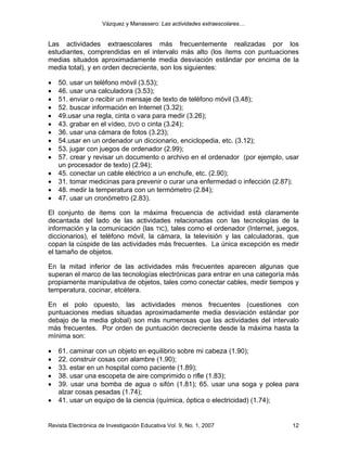 Vázquez y Manassero: Las actividades extraescolares…


Las actividades extraescolares más frecuentemente realizadas por los
estudiantes, comprendidas en el intervalo más alto (los ítems con puntuaciones
medias situados aproximadamente media desviación estándar por encima de la
media total), y en orden decreciente, son los siguientes:

•   50. usar un teléfono móvil (3.53);
•   46. usar una calculadora (3.53);
•   51. enviar o recibir un mensaje de texto de teléfono móvil (3.48);
•   52. buscar información en Internet (3.32);
•   49.usar una regla, cinta o vara para medir (3.26);
•   43. grabar en el vídeo, DVD o cinta (3.24);
•   36. usar una cámara de fotos (3.23);
•   54.usar en un ordenador un diccionario, enciclopedia, etc. (3.12);
•   53. jugar con juegos de ordenador (2.99);
•   57. crear y revisar un documento o archivo en el ordenador (por ejemplo, usar
    un procesador de texto) (2.94);
•   45. conectar un cable eléctrico a un enchufe, etc. (2.90);
•   31. tomar medicinas para prevenir o curar una enfermedad o infección (2.87);
•   48. medir la temperatura con un termómetro (2.84);
•   47. usar un cronómetro (2.83).

El conjunto de ítems con la máxima frecuencia de actividad está claramente
decantada del lado de las actividades relacionadas con las tecnologías de la
información y la comunicación (las TIC), tales como el ordenador (Internet, juegos,
diccionarios), el teléfono móvil, la cámara, la televisión y las calculadoras, que
copan la cúspide de las actividades más frecuentes. La única excepción es medir
el tamaño de objetos.

En la mitad inferior de las actividades más frecuentes aparecen algunas que
superan el marco de las tecnologías electrónicas para entrar en una categoría más
propiamente manipulativa de objetos, tales como conectar cables, medir tiempos y
temperatura, cocinar, etcétera.

En el polo opuesto, las actividades menos frecuentes (cuestiones con
puntuaciones medias situadas aproximadamente media desviación estándar por
debajo de la media global) son más numerosas que las actividades del intervalo
más frecuentes. Por orden de puntuación decreciente desde la máxima hasta la
mínima son:

•   61. caminar con un objeto en equilibrio sobre mi cabeza (1.90);
•   22. construir cosas con alambre (1.90);
•   33. estar en un hospital como paciente (1.89);
•   38. usar una escopeta de aire comprimido o rifle (1.83);
•   39. usar una bomba de agua o sifón (1.81); 65. usar una soga y polea para
    alzar cosas pesadas (1.74);
•   41. usar un equipo de la ciencia (química, óptica o electricidad) (1.74);


Revista Electrónica de Investigación Educativa Vol. 9, No. 1, 2007              12
 