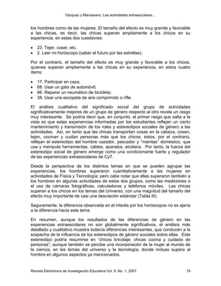 Vázquez y Manassero: Las actividades extraescolares…


los hombres como de las mujeres. El tamaño del efecto es muy grande y favorable
a las chicas, es decir, las chicas superan ampliamente a los chicos en su
experiencia, en estas dos cuestiones:

•   23. Tejer, coser, etc.
•   2. Leer mi horóscopo (saber el futuro por las estrellas).

Por el contrario, el tamaño del efecto es muy grande y favorable a los chicos,
quienes superan ampliamente a las chicas en su experiencia, en estos cuatro
ítems:

•   17. Participar en caza;
•   68. Usar un gato de automóvil;
•   66. Reparar un neumático de bicicleta;
•   38. Usar una escopeta de aire comprimido o rifle.

El análisis cualitativo del significado social del grupo de actividades
significativamente mejores de un grupo de género respecto al otro revela un rasgo
muy interesante. Se podría decir que, en conjunto, el primer rasgo que salta a la
vista es que estas experiencias informadas por los estudiantes reflejan un cierto
mantenimiento y transmisión de los roles y estereotipos sociales de género a las
actividades. Así, en tanto que las chicas transportan cosas en la cabeza, cosen,
tejen, cocinan y cuidan personas más que los chicos, éstos, por el contrario,
reflejan el estereotipo del hombre cazador, pescador y “manitas” doméstico, que
usa y manipula herramientas, cables, aparatos, etcétera. Por tanto, la fuerza del
estereotipo social de género emerge como una condicionante fuerte y regulador
de las experiencias extraescolares de CyT.

Desde la perspectiva de los distintos temas en que se pueden agrupar las
experiencias, los hombres superaron cuantitativamente a las mujeres en
actividades de Física y Tecnología; pero cabe notar que ellas superaron también a
los hombres en algunas actividades de estos dos grupos, como las mediciones o
el uso de cámaras fotográficas, calculadoras y teléfonos móviles. Las chicas
superan a los chicos en los temas del Universo, con una magnitud del tamaño del
efecto muy importante de casi una desviación estándar (Tabla III).

Seguramente, la diferencia observada en el interés por los horóscopos no es ajena
a la diferencia hacia este tema.

En resumen, aunque los resultados de las diferencias de género en las
experiencias extraescolares no son globalmente significativos, el análisis más
detallado y cualitativo muestra todavía diferencias interesantes, que conducen a la
sospecha de la influencia de los estereotipos de género sociales sobre ellas. Este
estereotipo podría resumirse en “chicos bricolaje; chicas cocina y cuidado de
personas”; aunque también se percibe una incorporación de la mujer al mundo de
la ciencia, en los temas del universo y la tecnología, donde incluso supera al
hombre en algunos aspectos ya mencionados.


Revista Electrónica de Investigación Educativa Vol. 9, No. 1, 2007              19
 