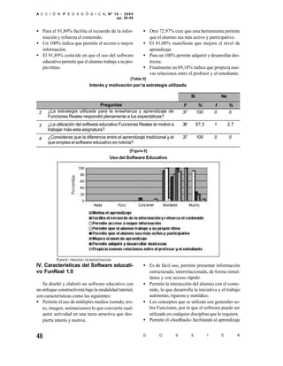 A C C I Ó N P E D A G Ó G I C A, Nº 14 / 2 0 0 5
                                     pp. 38-49


• Para el 91,89% facilita el recuerdo de la infor-           • Otro 72,97% cree que esta herramienta permite
  mación y refuerza el contenido.                              que el alumno sea más activo y participativo.
• Un 100% indica que permite el acceso a mayor               • El 81,08% manifiesta que mejora el nivel de
  información.                                                 aprendizaje.
• El 91,89% coincide en que el uso del software              • Para un 100% permite adquirir y desarrollar des-
  educativo permite que el alumno trabaje a su pro-            trezas.
  pio ritmo.                                                 • Finalmente un 89,18% indica que propicia nue-
                                                               vas relaciones entre el profesor y el estudiante.
                                                      [Tabla 5]
                                Interés y motivación por la estrategia utilizada

                                                                                       Si                  No
                                Preguntas                                         F          %         f        %
 2    ¿La estrategia utilizada para la enseñanza y aprendizaje de                 37        100        0        0
      Funciones Reales respondió plenamente a tus expectativas?

 3    ¿La utilización del software educativo Funciones Reales te motivó a         36        97.3       1        2.7
      trabajar más esta asignatura?

 4    ¿Consideras que la diferencia entre el aprendizaje tradicional y el         37        100        0        0
      que emplea el software educativo es notoria?
                                                      [Figura 5]
                                             Uso del Software Educativo




           FUENTE : PROCESO   DE INVESTIGACIÓN

IV. Características del Software educati-                    • Es de fácil uso, permite presentar información
vo FunReal 1.0                                                 estructurada, interrelacionada, de forma simul-
                                                               tánea y con acceso rápido.
   Se diseñó y elaboró un software educativo con             • Permite la interacción del alumno con el conte-
un enfoque constructivista bajo la modalidad tutorial,         nido, lo que desarrolla la iniciativa y el trabajo
con características como las siguientes:                       autónomo, riguroso y metódico.
• Permite el uso de múltiples medios (sonido, tex-           • Los conceptos que se utilizan son generales so-
   to, imagen, animaciones) lo que convierte cual-             bre Funciones, por lo que el software puede ser
   quier actividad en una tarea atractiva que des-             utilizado en cualquier disciplina que lo requiera.
   pierta interés y motiva.                                  • Permite el «feedback» facilitando el aprendizaje


48                                                           D       O        S        S           I       E          R
 