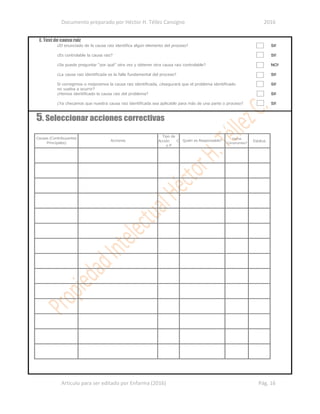 Documento preparado por Héctor H. Téllez Cansigno 2016
Articulo para ser editado por Enfarma (2016) Pág. 16
E. Test de causa raiz
¿El enunciado de la causa raiz identifica algún elemento del proceso? SI!
¿Es controlable la causa raiz? SI!
¿Se puede preguntar “por qué” otra vez y obtener otra causa raiz controlable? NO!
¿La causa raiz identificada es la falla fundamental del proceso? SI!
Si corregimos o mejoramos la causa raiz identificada, ¿Asegurará que el problema identificado SI!
no vuelva a ocurrir?
¿Hemos identificado la causa raiz del problema? SI!
¿Ya checamos que nuestra causa raiz identificada sea aplicable para más de una parte o proceso? SI!
5. Seleccionar acciones correctivas
Tipo de
Acción C
o P
Fecha
Compromiso?
Estatus
Causas (Contribuyentes
Principales)
Quién es Responsable?Acciones
 