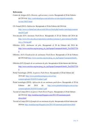 Referencias
Centro de Artigos (S.F). Historia, aplicaciones y teoría. Recuperado el 20 de Febrero
del 2014 de: http://centrodeartigos.com/articulos-revista-digital/contenidorevista-30635.html
CS. Famaf (2012). Definición. Recuperado el 20 de Febrero del 2014 de:
http://www.cs.famaf.unc.edu.ar/wiki/lib/exe/fetch.php?media=intrologica:autom
atas2012.pdf
Frro.utn.edu (S.F) Automata Push-Down. Recuperado el 20 de Febrero del 2014 de:
http://www.frro.utn.edu.ar/repositorio/catedras/sistemas/2_anio/sintaxis/PushDo
wn_y_Turing.pdf
OOcities. (S.F). Autómatas de pila. Recuperado el 20 de Febrero del 2014 de:
http://www.oocities.org/mx/prog_sis_itq/Equipo3/autopush.html#_Toc52627736
8
OOcities. (S.F) Clasificación de autómatas Push-Down. Recuperado el 20 de Febrero
del 2014 del:http://www.oocities.org/mx/prog_sis_itq/Equipo3/autopush.html#_
OOcities (S.F) Ejemplo de un autómata de pila. Recuperado el 20 de Febrero del 2014 de:
http://www.oocities.org/mx/prog_sis_itq/Equipo3/autopush.html#_Toc52627736
8
Portal Tecnología. (2010). Aceptores Push-Down. Recuperado el 20 de Febrero del
2014 del: http://www.portaltecnologica.com.ar/wpcontent/uploads/2010/03/Unidad-3.pdf
Portal tecnología (2010). Aplicación de un autómata push-down. Recuperado el 20 de
Febrero

del

2014

de:

http://www.portaltecnologica.com.ar/wp-

content/uploads/2010/03/Unidad-3.pdf
Teo de la Comp (2011) Aceptores Push-Down Propios. Recuperado el 20 de Febrero
del 2014 de: http://teodelacomp.blogspot.com/2011/03/automata-pushdown.html
Teo de la Comp (2011) Ejemplo de un autómata de pila. Recuperado el 20 de Febrero del
2014 de: http://teodelacomp.blogspot.com/2011/03/automata-push-down.html

pág. 26

 