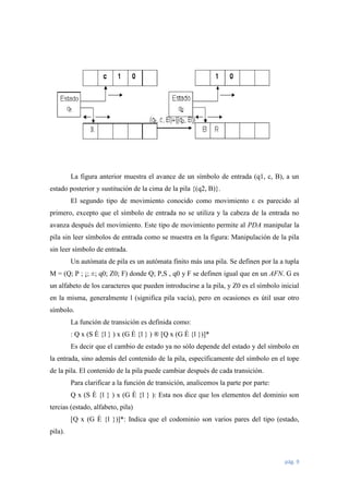 La figura anterior muestra el avance de un símbolo de entrada (q1, c, B), a un
estado posterior y sustitución de la cima de la pila {(q2, B)}.
El segundo tipo de movimiento conocido como movimiento ε es parecido al
primero, excepto que el símbolo de entrada no se utiliza y la cabeza de la entrada no
avanza después del movimiento. Este tipo de movimiento permite al PDA manipular la
pila sin leer símbolos de entrada como se muestra en la figura: Manipulación de la pila
sin leer símbolo de entrada.
Un autómata de pila es un autómata finito más una pila. Se definen por la a tupla
M = (Q; P ; ¡; ±; q0; Z0; F) donde Q; P,S , q0 y F se definen igual que en un AFN. G es
un alfabeto de los caracteres que pueden introducirse a la pila, y Z0 es el símbolo inicial
en la misma, generalmente l (significa pila vacía), pero en ocasiones es útil usar otro
símbolo.
La función de transición es definida como:
: Q x (S È {l } ) x (G È {l } ) ® [Q x (G È {l })]*
Es decir que el cambio de estado ya no sólo depende del estado y del símbolo en
la entrada, sino además del contenido de la pila, específicamente del símbolo en el tope
de la pila. El contenido de la pila puede cambiar después de cada transición.
Para clarificar a la función de transición, analicemos la parte por parte:
Q x (S È {l } ) x (G È {l } ): Esta nos dice que los elementos del dominio son
tercias (estado, alfabeto, pila)
[Q x (G È {l })]*: Indica que el codominio son varios pares del tipo (estado,
pila).

pág. 9

 