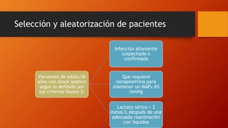 Selección y aleatorización de pacientes
Pacientes de edad≥18
años con shock séptico
según lo definido por
los criterios Sepsis-3:
Infección altamente
sospechada o
confirmada
Que requiere
norepinefrina para
mantener un MAP≥ 65
mmHg
Lactato sérico > 2
mmol/L después de una
adecuada reanimación
con líquidos
 