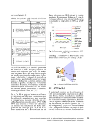 94
RedesdeIngeniería
Impacto y masificación del uso de las redes GPON en Colombia frente a otras tecnologías
Viviana S. Gutierrez /Diana M. Espinosa/Cesar A. Hernández
serva en la tabla 3:
Tabla 3. Ventajas de Red GPON Sobre ADSL 2 Generación
[33].
GPON ADSl2
QOS
GPON facilita herramien-
tas y los servicio de QoS el
cual es robusto
Asigna prioridades de an-
cho de banda y latencia
a las aplicaciones según
su funcionalidad, lo cual
supone un salto cualita-
tivo a la hora de trabajar
con aplicaciones que de-
mandan de servicios en
tiempo real como video-
conferencia
VELOCIDAD
Las velocidades de trans-
misión desde 155Mbps,
1.25 Gbps o 2.5 Gbps.
1.544 a 6.1 Mbps Bajada.
16 a 640 Kbps Subida
ANCHODE
BANDA
Simétrico/Asimétrico
hasta 2,5 Gb/s según nor-
ma UIT-T. Según acordó
FSAN e implementan gen-
eralmente los fabricantes:
2,5 Gbps downstream y
1,2 Gb/s upstream
20 Mbps en sentido de-
scendente 1 Mbps en sen-
tido ascendente
DISTANCIA
20 Km a 60 Km (Fig 11) 3000 Metros
Al analizar la tabla 3 se observa que GPON
es superior a ADSL porque garantiza un
número de usuarios por nodo de acceso
mucho mayor (por ser atractivo en ancho
de banda), mayores distancias hasta el abo-
nado reduciendo el número de centrales y
permitiendo que todos los usuarios tengan
acceso a todos los servicios, distribución
basada en punto a multipunto reduciendo
el tendido de cables, reducción de costos en
mantenimiento, infraestructura de acceso
totalmente pasiva reduciendo la aliment-
ación y puntos de fallos, etc [33].
En la Fig. 12 se observa la comparación en-
tre distancia vs Velocidad transmisión con
las diferentes arquitecturas que soportan
y entregaran de manera eficiente, sin pér-
dida alguna los servicio como: IPTV, TDM,
VOD. Este estudio se realizó en telefónica.
Al analizar los resultados de dicha com-
paración se concluye que GPON se man-
tiene constante en la transmisión de los
datos mientras que ADSL pierde la consis-
tencia en determinada distancia. A raíz de
varios estudios de esta misma índole, se ha
comenzado la migración de ADSL a GPON
[33].
Fig. 12. Comparación estadística tecnología entre GPON
y xDSL [34].
En la Fig. 13 se observa la diferencia a nivel
de distancia soportada por xDSL y GPON:
Fig. 13. Alcance red GPON vs ADSL [34].
3.2 GPON Vs SDH
El principal objetivo en la definición de
SDH (jerarquía digital síncrona) es la adop-
ción de una norma mundial que posibilite
una compatibilidad máxima entre diferen-
tes suministradores y operadoras. Este es-
tándar especifica velocidades de transmis-
ión, formato de las señales (tramas de 125
microsegundos), estructura de multiplexa-
ción, codificación de línea, parámetros ópti-
cos, etc; así como normas de funcionamien-
 