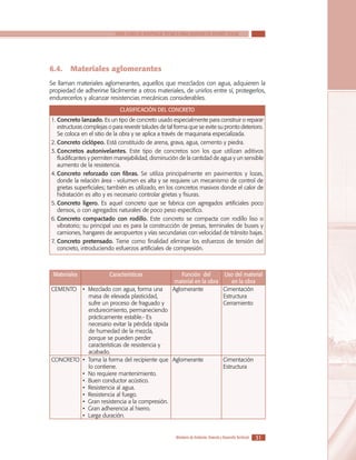 SERIE GUÍAS DE ASISTENCIA TÉCNICA PARA VIVIENDA DE INTERÉS SOCIAL

6.4.	 Materiales aglomerantes
Se llaman materiales aglomerantes, aquellos que mezclados con agua, adquieren la
propiedad de adherirse fácilmente a otros materiales, de unirlos entre sí, protegerlos,
endurecerlos y alcanzar resistencias mecánicas considerables.
CLASIFICACIÓN DEL CONCRETO
1.	Concreto lanzado. Es un tipo de concreto usado especialmente para construir o reparar
estructuras complejas o para revestir taludes de tal forma que se evite su pronto deterioro.
Se coloca en el sitio de la obra y se aplica a través de maquinaria especializada.
2.	Concreto ciclópeo. Está constituido de arena, grava, agua, cemento y piedra.
3.	Concretos autonivelantes. Este tipo de concretos son los que utilizan aditivos
fluidificantes y permiten manejabilidad, disminución de la cantidad de agua y un sensible
aumento de la resistencia.
4.	Concreto reforzado con fibras. Se utiliza principalmente en pavimentos y lozas,
donde la relación área - volumen es alta y se requiere un mecanismo de control de
grietas superficiales; también es utilizado, en los concretos masivos donde el calor de
hidratación es alto y es necesario controlar grietas y fisuras.
5.	Concreto ligero. Es aquel concreto que se fabrica con agregados artificiales poco
densos, o con agregados naturales de poco peso especifico.
6.	Concreto compactado con rodillo. Este concreto se compacta con rodillo liso o
vibratorio; su principal uso es para la construcción de presas, terminales de buses y
camiones, hangares de aeropuertos y vías secundarias con velocidad de tránsito bajas.
7.	Concreto pretensado. Tiene como finalidad eliminar los esfuerzos de tensión del
concreto, introduciendo esfuerzos artificiales de compresión.

Materiales
CEMENTO

Características

Función del
Uso del material
material en la obra
en la obra
Aglomerante
Cimentación
Estructura
Cerramiento

• Mezclado con agua, forma una
masa de elevada plasticidad,
sufre un proceso de fraguado y
endurecimiento, permaneciendo
prácticamente estable.- Es
necesario evitar la pérdida rápida
de humedad de la mezcla,
porque se pueden perder
características de resistencia y
acabado.
CONCRETO • Toma la forma del recipiente que Aglomerante
lo contiene.
• No requiere mantenimiento.
• Buen conductor acústico.
• Resistencia al agua.
• Resistencia al fuego.
• Gran resistencia a la compresión.
• Gran adherencia al hierro.
• Larga duración.

Cimentación
Estructura

Ministerio de Ambiente, Vivienda y Desarrollo Territorial

31

 