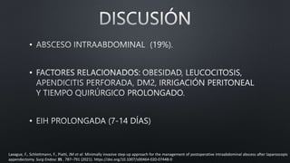•
•
•
Laxague, F., Schlottmann, F., Piatti, JM et al. Minimally invasive step-up approach for the management of postoperative intraabdominal abscess after laparoscopic
appendectomy. Surg Endosc 35 , 787–791 (2021). https://doi.org/10.1007/s00464-020-07448-0
 