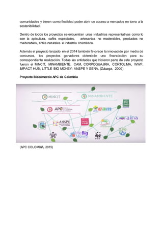 comunidades y tienen como finalidad poder abrir un acceso a mercados en torno a la
sostenibilidad.
Dentro de todos los proyectos se encuentran unas industrias representativas como lo
son la apicultura, cafés especiales, artesanías no maderables, productos no
maderables, tintes naturales e industria cosmética.
Además el proyecto lanzado en el 2014 también favorece la innovación por medio de
concursos, los proyectos ganadores obtendrán una financiación para su
correspondiente realización. Todas las entidades que hicieron parte de este proyecto
fueron el MINCIT, MINAMBIENTE, CAM, CORPOGUAJIRA, CORTOLIMA, WWF,
IMPACT HUB, LITTLE BIG MONEY, ANSPE Y SENA. (Zuluaga, 2009)
Proyecto Biocomercio APC de Colombia
(APC COLOMBIA, 2015)
 