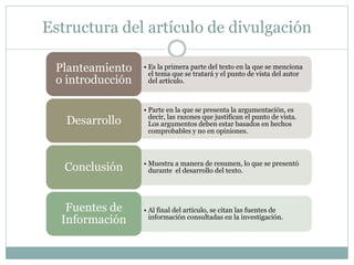Estructura del artículo de divulgación
• Es la primera parte del texto en la que se menciona
el tema que se tratará y el punto de vista del autor
del artículo.
Planteamiento
o introducción
• Parte en la que se presenta la argumentación, es
decir, las razones que justifican el punto de vista.
Los argumentos deben estar basados en hechos
comprobables y no en opiniones.
Desarrollo
• Muestra a manera de resumen, lo que se presentó
durante el desarrollo del texto.Conclusión
• Al final del artículo, se citan las fuentes de
información consultadas en la investigación.
Fuentes de
Información
 