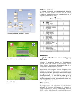 FIGURA 4: (Diagrama de Navegación – Profesor)
Figura 5: Sistema Implementado (Index)
Figura 6: Menú Alumno
3.4 Pruebas Funcionales
Al finalizar el diseño e implementación de la aplicación
Web se realizaron pruebas funcionales con el Alumno-
Profesor, lo cual permitió verificar el cumplimiento de los
requisitos del aplicativo(Tabla I)
4. DISCUSIÓN
¿Cuales son las diferencias entre un hosting pago y
uno gratuito?
Gratuito. Él alojamiento gratuito es extremadamente
limitado cuando se lo compara con el alojamiento de pago.
Estos servicios generalmente agregan publicidad en los
sitios y tienen un espacio y tráfico limitado.
Pago. En este tipo de servicio se alojan clientes de varios
sitios en un mismo servidor, gracias a la configuración del
programa servidor web. Resulta una alternativa muy buena
para pequeños y medianos clientes, es un servicio
económico debido a la reducción de costos ya que al
compartir un servidor con cientos miles o millones de
personas o usuarios el costo se reduce drásticamente para
cada uno, y tiene buen rendimiento.
5.1 Conclusiones
En este proyecto se logro implementar con éxito el sistema
generador de protocolos satisfaciendo por completo los
objetivos definidos por el grupo de trabajo y la institución
donde se realizo llegando a ser de gran utilidad logrando con
TABLA I.
PRUEBAS FUNCIONALES
 Iniciar Sesión √
 Alumno √
o Registrar Alumno √
o Crear Protocolo √
o Listar detalles Protocolo √
o Editar detalles Protocolo √
o Baja alumno √
 Profesor √
o Consulta Protocolos √
o Aceptar Protocolos √
o Rechazar Protocolos √
o Listar Protocolos √
 Administrador √
o Editar Alumno √
o Eliminar Alumno √
o Editar Profesor √
o Eliminar Profesor √
o Asignación de Jurado √
o Calendarización de
Protocolos
√
o Penalización de Profesor √
o Editar Protocolo √
o Eliminar Protocolo √
o Reasignación del Jurado √
 Cerrar Sesión √
 