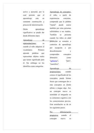 activo y personal, por lo       Aprendizaje de conceptos:
cual    permite     que    el   el    niño,    a     partir     de
aprendizaje       este     en   experiencias         concretas,
constante construcción y        comprende que la palabra
proceso de interiorización.     "mamá"        puede         usarse
                                también por otras personas
Dicho             aprendizaje
                                refiriéndose a sus madres.
significativo se puede dar
                                También        se      presenta
desde diferentes tipos:
                                cuando los niños en edad
Aprendizaje                de
                                preescolar se someten a
representaciones:          es
                                contextos de aprendizaje
cuando el niño adquiere el
                                por    recepción        o      por
vocabulario.         Primero
                                descubrimiento                   y
aprende       palabras    que
                                comprenden            conceptos
representan objetos reales
                                abstractos                   como
que tienen significado para
                                "gobierno",                 "país",
él. Sin embargo no los
                                "mamífero".
identifica como categorías.
                                Aprendizaje                     de
                                proposiciones:             cuando
                                conoce el significado de los
                                conceptos, puede formar
                                frases que contengan dos o
                                más conceptos en donde
                                afirme o niegue algo. Así,
                                un    concepto       nuevo      es
                                asimilado al integrarlo en
                                su estructura cognitiva con
                                los conocimientos previos.
                                Esta asimilación se da en
                                los siguientes pasos:

                                Por            diferenciación
                                progresiva:        cuando        el
                                concepto           nuevo        se
 