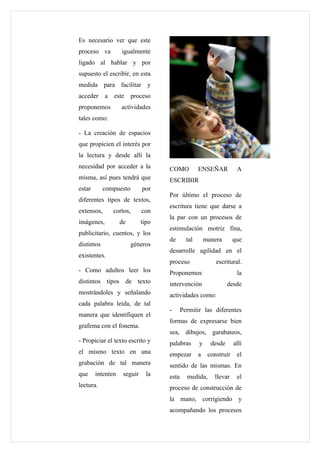 Es necesario ver que este
proceso va         igualmente
ligado al hablar y por
supuesto el escribir, en esta
medida para facilitar y
acceder     a este proceso
proponemos         actividades
tales como:

- La creación de espacios
que propicien el interés por
la lectura y desde allí la
necesidad por acceder a la          COMO           ENSEÑAR           A
misma, así pues tendrá que          ESCRIBIR
estar       compuesto        por
                                    Por último el proceso de
diferentes tipos de textos,
                                    escritura tiene que darse a
extensos,      cortos,       con
                                    la par con un procesos de
imágenes,          de        tipo
                                    estimulación motriz fina,
publicitario, cuentos, y los
                                    de       tal       manera       que
distintos               géneros
                                    desarrolle agilidad en el
existentes.
                                    proceso                escritural.
- Como adultos leer los             Proponemos                       la
distintos tipos de texto            intervención                 desde
mostrándoles y señalando            actividades como:
cada palabra leída, de tal
                                    -      Permitir las diferentes
manera que identifiquen el
                                    formas de expresarse bien
grafema con el fonema.
                                    sea, dibujos, garabateos,
- Propiciar el texto escrito y      palabras       y     desde      allí
el mismo texto en una               empezar        a    construir    el
grabación de tal manera             sentido de las mismas. En
que     intenten    seguir     la   esta     medida,      llevar     el
lectura.                            proceso de construcción de
                                    la mano, corrigiendo y
                                    acompañando los procesos
 
