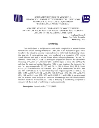 BOLIVARIAN REPUBLIC OF VENEZUELA
PEDAGOGICAL UNIVERSITY EXPERIMENTAL LIBERTADOR
PEDAGOGICAL INSTITUTE BARQUISIMETO
"LUIS B...