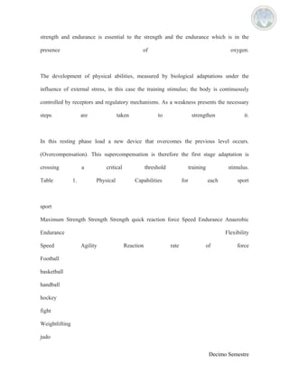 strength and endurance is essential to the strength and the endurance which is in the 
presence of oxygen. 
The development of physical abilities, measured by biological adaptations under the 
influence of external stress, in this case the training stimulus; the body is continuously 
controlled by receptors and regulatory mechanisms. As a weakness presents the necessary 
steps are taken to strengthen it. 
In this resting phase load a new device that overcomes the previous level occurs. 
(Overcompensation). This supercompensation is therefore the first stage adaptation is 
crossing a critical threshold training stimulus. 
Table 1. Physical Capabilities for each sport 
sport 
Maximum Strength Strength Strength quick reaction force Speed Endurance Anaerobic 
Endurance Flexibility 
Speed Agility Reaction rate of force 
Football 
basketball 
handball 
hockey 
fight 
Weightlifting 
judo 
Decimo Semestre 
 