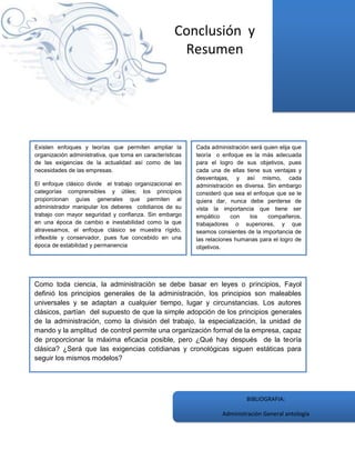Conclusión y
                                                      Resumen




Existen enfoques y teorías que permiten ampliar la         Cada administración será quien elija que
organización administrativa, que toma en características   teoría o enfoque es la más adecuada
de las exigencias de la actualidad así como de las         para el logro de sus objetivos, pues
necesidades de las empresas.                               cada una de ellas tiene sus ventajas y
                                                           desventajas, y así mismo, cada
El enfoque clásico divide el trabajo organizacional en     administración es diversa. Sin embargo
categorías comprensibles y útiles; los principios          consideró que sea el enfoque que se le
proporcionan guías generales que permiten al               quiera dar, nunca debe perderse de
administrador manipular los deberes cotidianos de su       vista la importancia que tiene ser
trabajo con mayor seguridad y confianza. Sin embargo       empático     con    los    compañeros,
en una época de cambio e inestabilidad como la que         trabajadores o superiores, y que
atravesamos, el enfoque clásico se muestra rígido,         seamos consientes de la importancia de
inflexible y conservador, pues fue concebido en una        las relaciones humanas para el logro de
época de estabilidad y permanencia                         objetivos.




Como toda ciencia, la administración se debe basar en leyes o principios, Fayol
definió los principios generales de la administración, los principios son maleables
universales y se adaptan a cualquier tiempo, lugar y circunstancias. Los autores
clásicos, partían del supuesto de que la simple adopción de los principios generales
de la administración, como la división del trabajo, la especialización, la unidad de
mando y la amplitud de control permite una organización formal de la empresa, capaz
de proporcionar la máxima eficacia posible, pero ¿Qué hay después de la teoría
clásica? ¿Será que las exigencias cotidianas y cronológicas siguen estáticas para
seguir los mismos modelos?




                                                                              BIBLIOGRAFIA:

                                                                    Administración General antología
 