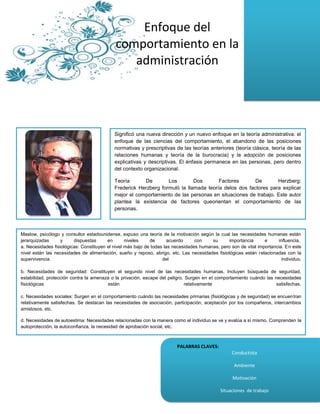 Enfoque del
                                            comportamiento en la
                                               administración




                                            Significó una nueva dirección y un nuevo enfoque en la teoría administrativa: el
                                            enfoque de las ciencias del comportamiento, el abandono de las posiciones
                                            normativas y prescriptivas de las teorías anteriores (teoría clásica, teoría de las
                                            relaciones humanas y teoría de la burocracia) y la adopción de posiciones
                                            explicativas y descriptivas. El énfasis permanece en las personas, pero dentro
                                            del contexto organizacional.

                                            Teoría      De        Los        Dos       Factores       De       Herzberg:
                                            Frederick Herzberg formuló la llamada teoría delos dos factores para explicar
                                            mejor el comportamiento de las personas en situaciones de trabajo. Este autor
                                            plantea la existencia de factores queorientan el comportamiento de las
                                            personas.



Maslow, psicólogo y consultor estadounidense, expuso una teoría de la motivación según la cual las necesidades humanas están
jerarquizadas      y     dispuestas      en       niveles    de       acuerdo     con    su     importancia       e      influencia.
a. Necesidades fisiológicas: Constituyen el nivel más bajo de todas las necesidades humanas, pero son de vital importancia. En este
nivel están las necesidades de alimentación, sueño y reposo, abrigo, etc. Las necesidades fisiológicas están relacionadas con la
supervivencia                                                      del                                                     individuo.

b. Necesidades de seguridad: Constituyen el segundo nivel de las necesidades humanas. Incluyen búsqueda de seguridad,
estabilidad, protección contra la amenaza o la privación, escape del peligro. Surgen en el comportamiento cuándo las necesidades
fisiológicas                            están                                relativamente                            satisfechas.

c. Necesidades sociales: Surgen en el comportamiento cuándo las necesidades primarias (fisiológicas y de seguridad) se encuentran
relativamente satisfechas. Se destacan las necesidades de asociación, participación, aceptación por los compañeros, intercambios
amistosos, etc.

d. Necesidades de autoestima: Necesidades relacionadas con la manera como el individuo se ve y evalúa a sí mismo. Comprenden la
autoprotección, la autoconfianza, la necesidad de aprobación social, etc.



                                                                          PALABRAS CLAVES:
e. Necesidades de autorrealización: Son las más elevadas, y están en la cima de la jerarquía. Son las necesidades del individuo de
                                                                                                  Conductista
realizar su propio potencial y de autodesarrollarse continuamente.

                                                                                                     Ambiente

                                                                                                    Motivación

                                                                                              Situaciones de trabajo
 